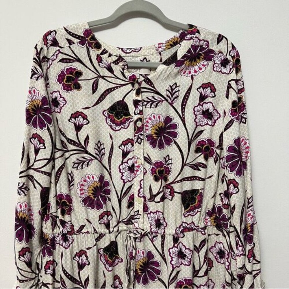 Loft Womens Floral Dress Size XL Cream Purple Long Sleeve Dressy Romantic Spring - Picture 2 of 10